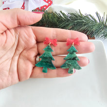 Load image into Gallery viewer, Bow Christmas Tree Earrings - Green Shimmer