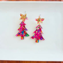 Load image into Gallery viewer, Christmas Tree Earrings - Pink Tinsel