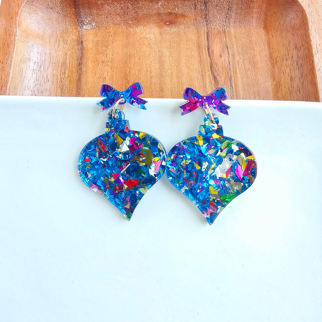 Christmas Ornament Earrings - Blue Sparkle