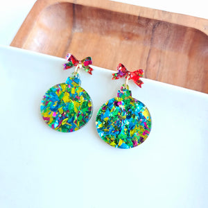 Christmas Ornament Earrings - Green Sparkle