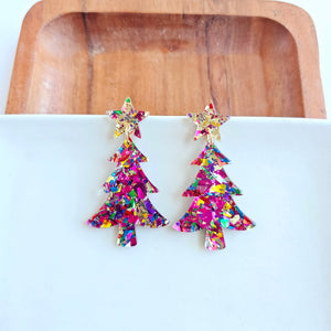Christmas Tree Earrings - Pink Sparkle