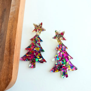 Christmas Tree Earrings - Pink Sparkle