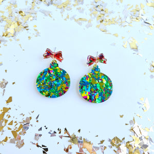 Christmas Ornament Earrings - Green Sparkle