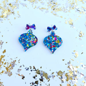 Christmas Ornament Earrings - Blue Sparkle