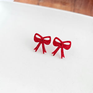 Bow Studs - Red Glitter