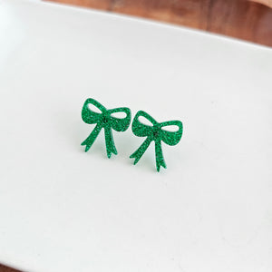 Bow Studs - Green Glitter