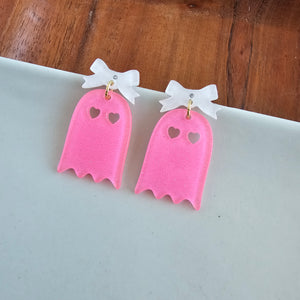 Bow Ghost Earrings - Pink Glitter