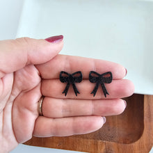 Load image into Gallery viewer, Bow Studs - Black Glitter
