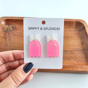 Bow Ghost Earrings - Pink Glitter