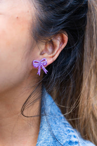 Bow Studs - Purple Glitter