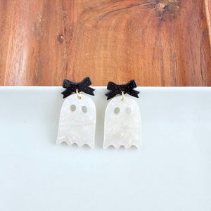 Bow Ghost Earrings - White Shimmer