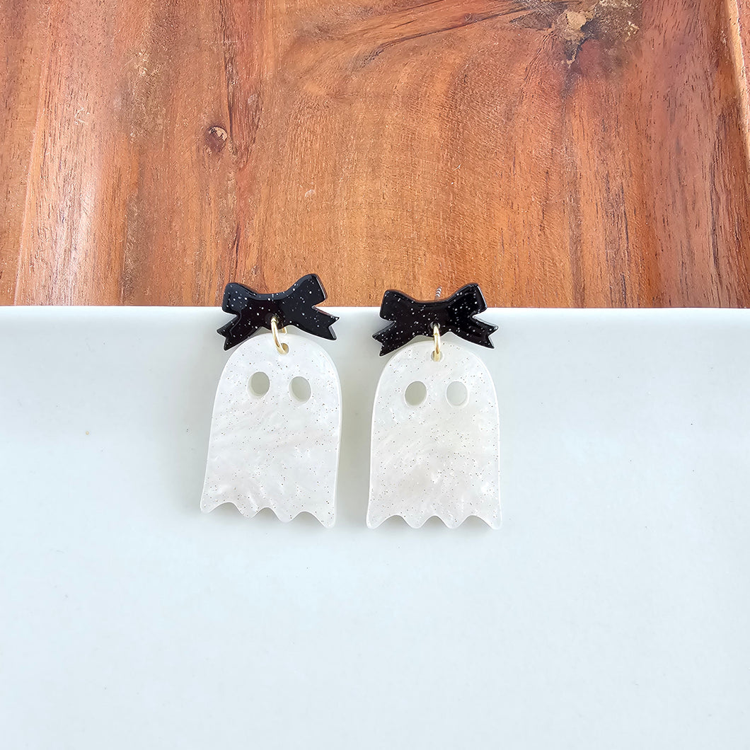 Bow Ghost Earrings - White Shimmer