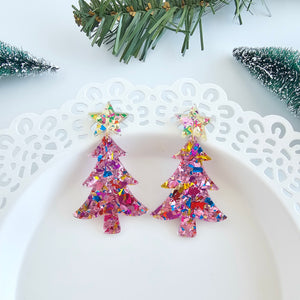 Christmas Tree Earrings - Light Pink Sparkle