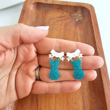 Load image into Gallery viewer, Bow Bunny Earrings - Blue Glitter