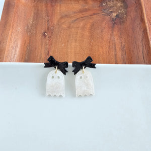 Mini Bow Ghost Earrings - White Shimmer