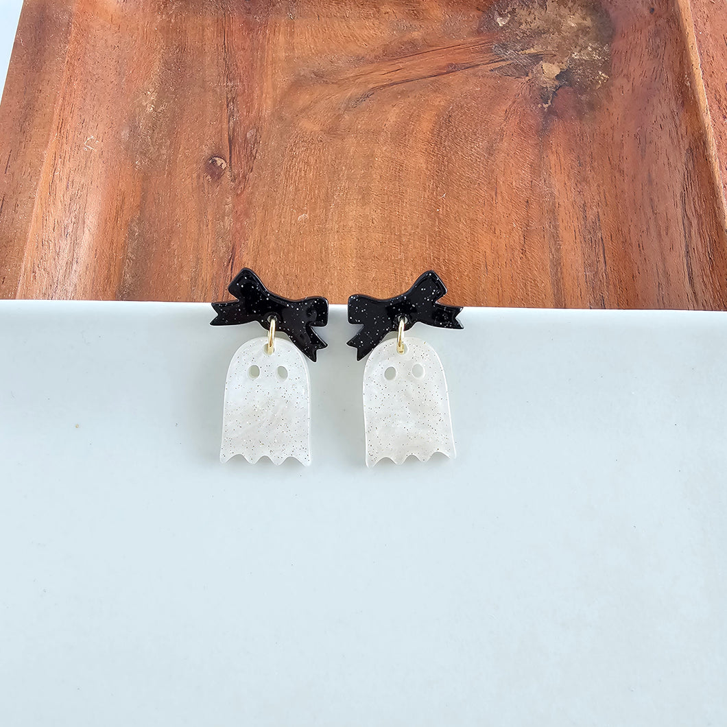Mini Bow Ghost Earrings - White Shimmer