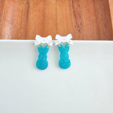 Load image into Gallery viewer, Bow Bunny Earrings - Blue Glitter