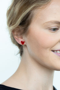 Hand Drawn Heart Studs - Red